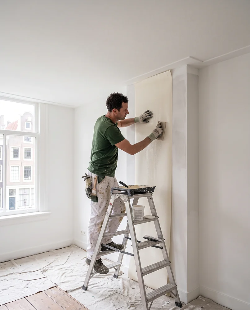 Behanger brengt een baan glasvezelbehang aan op een wand