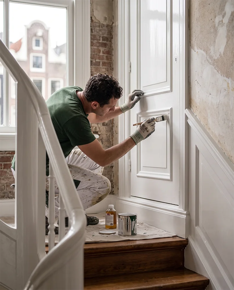 Schilder werkt strak af langs een plint in een woonkamer
