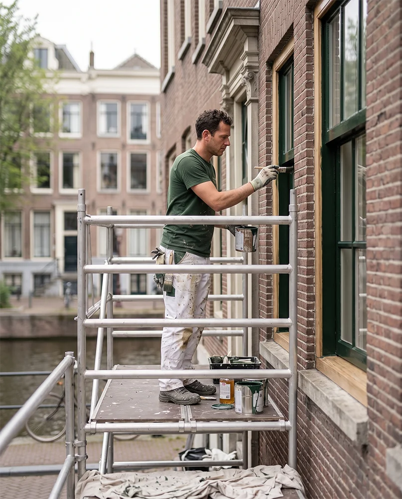 Schilder op een steiger schildert een gevel met witte kozijnen