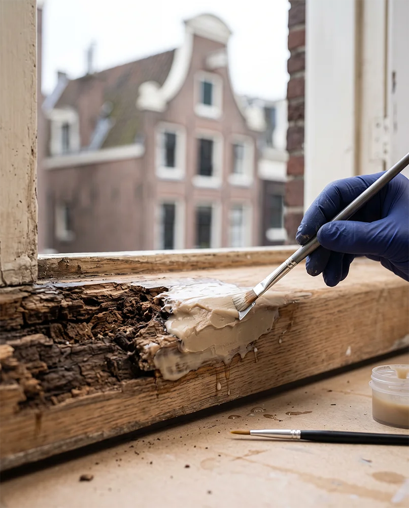 Detail van houtrotherstel aan een raamdorpel