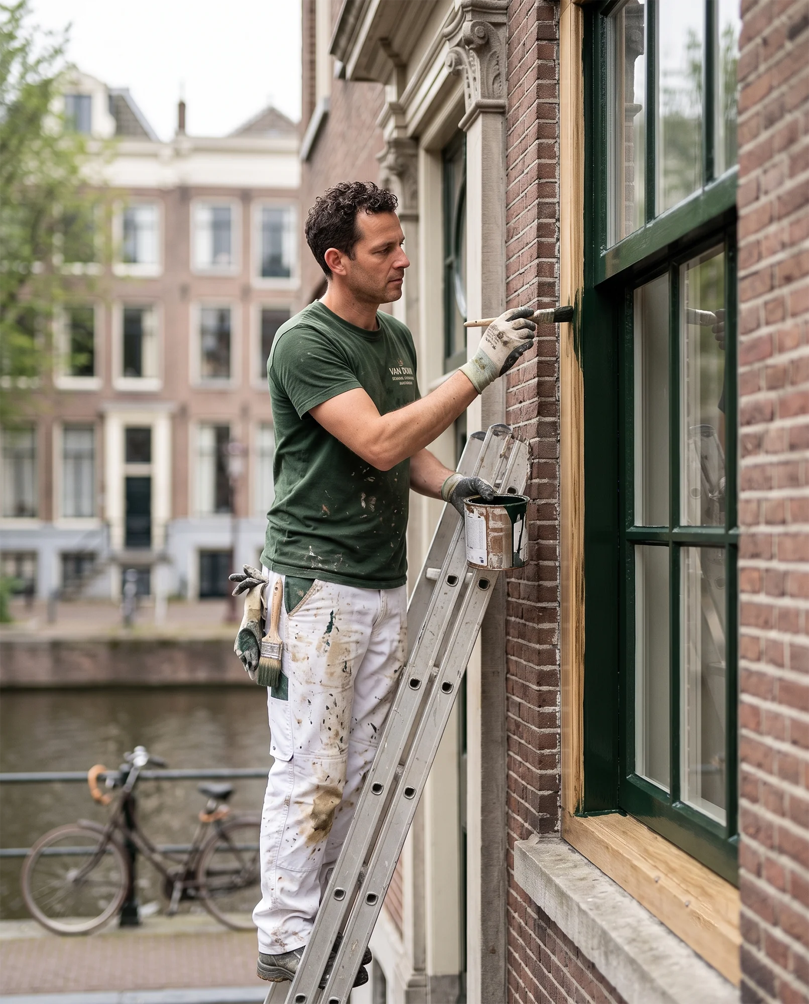 Schilder werkt aan de kozijnen van een Amsterdams grachtenpand