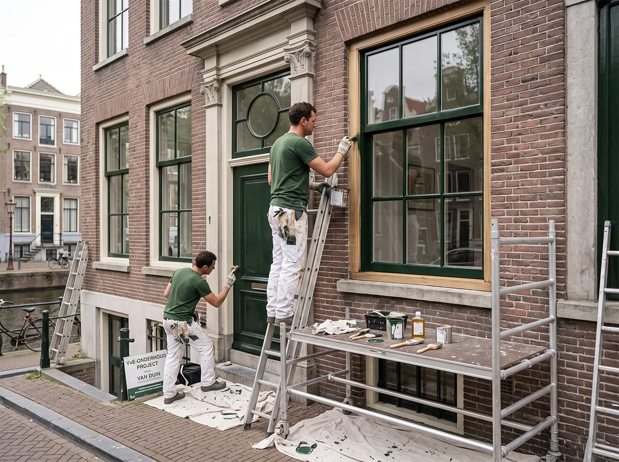 Pas gelakte kozijnen van een appartementencomplex