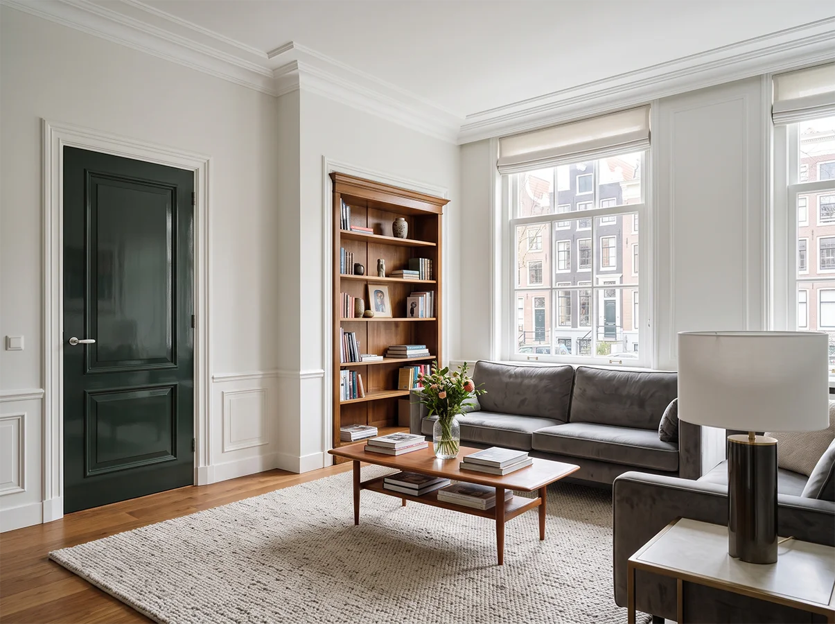 Lichte woonkamer met pas geschilderde wanden en plafond