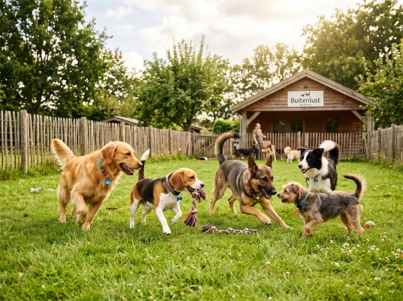 Honden spelen samen tijdens de dagopvang