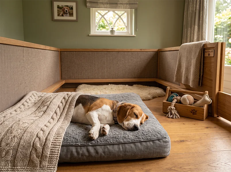 Hond ligt te slapen in een verwarmd verblijf