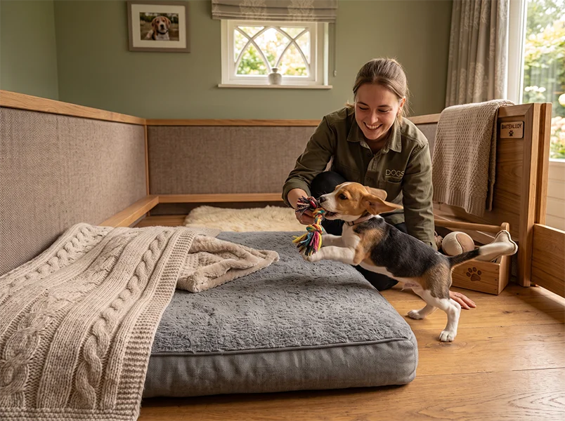 Puppy speelt met een verzorger tijdens de opvang