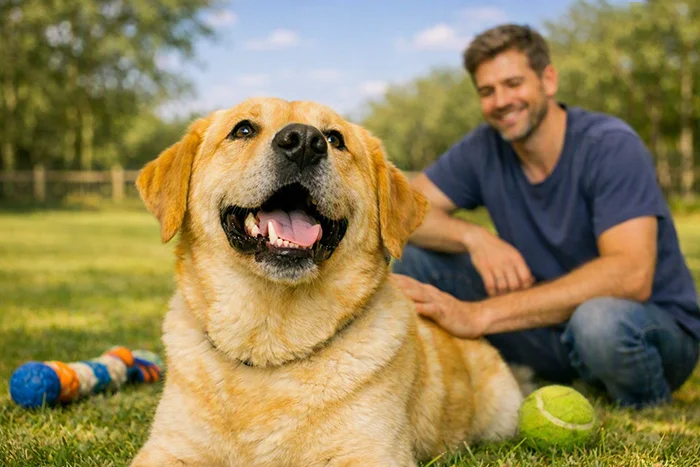 Verzorger speelt met een hond