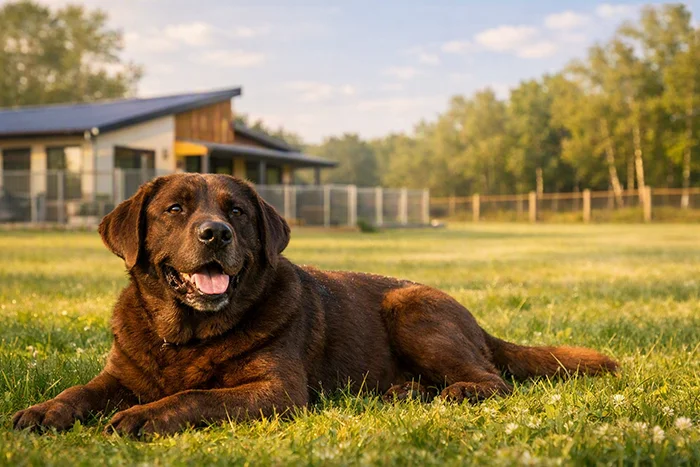 Hond ligt te rusten in het gras