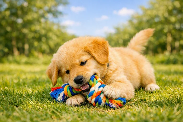 Puppy speelt met speeltje