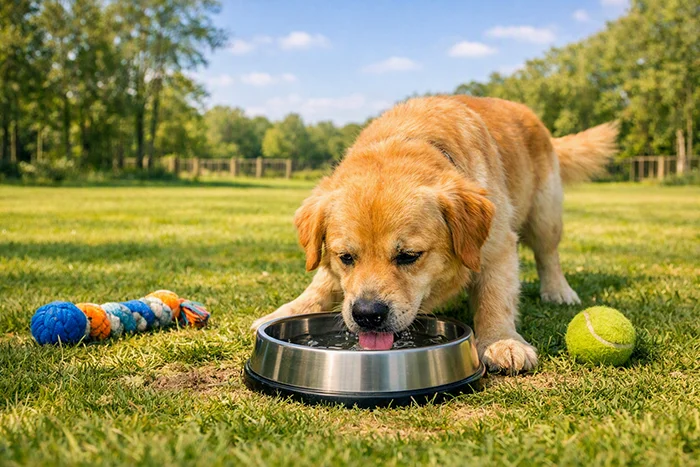 Hond drinkt water na het spelen
