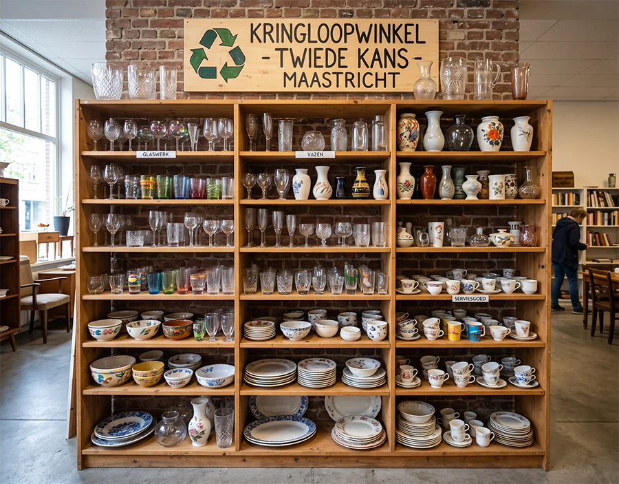Planken met servies en glaswerk