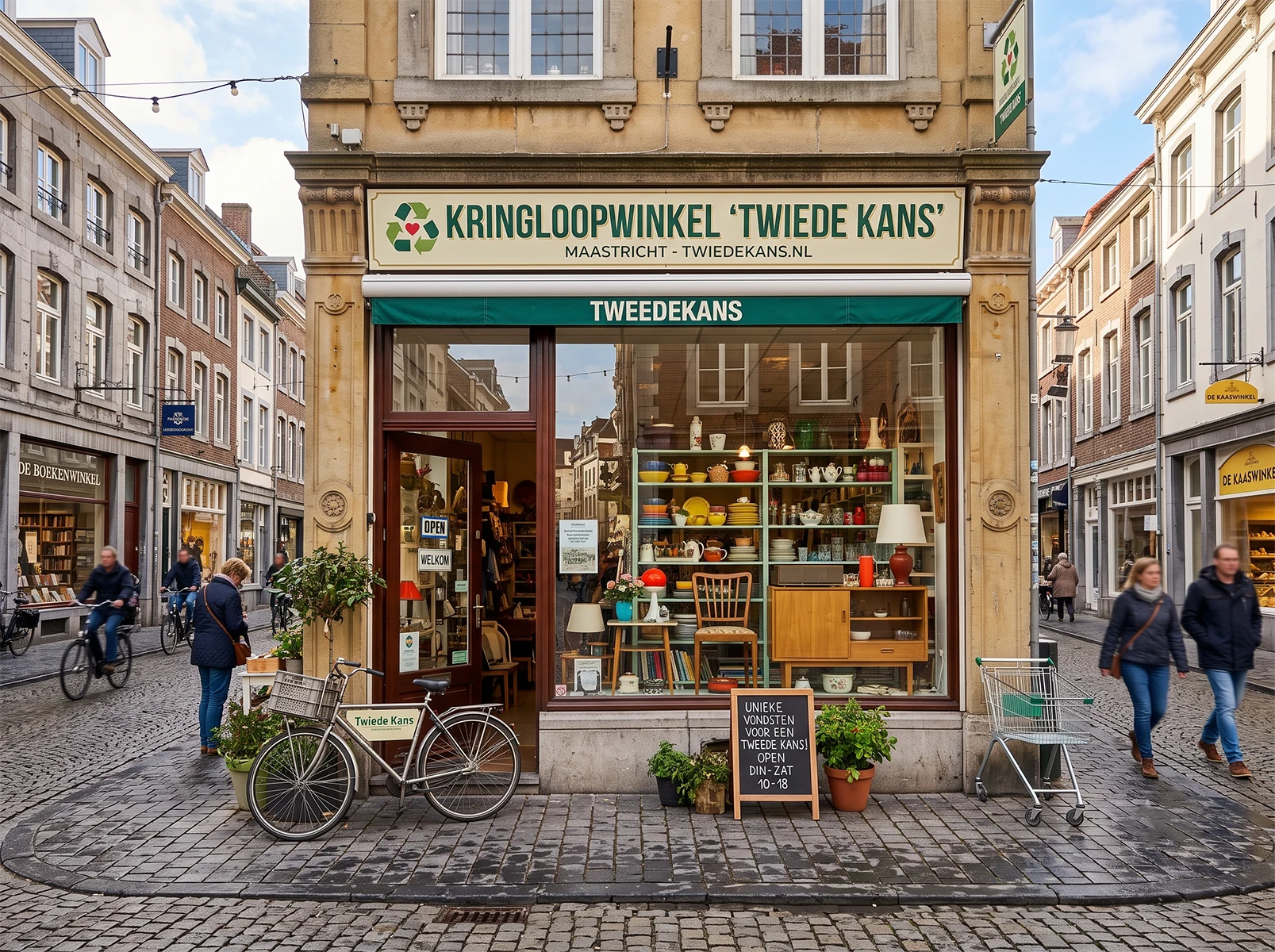De etalage van kringloopwinkel Twiede Kans aan de Grote Gracht
