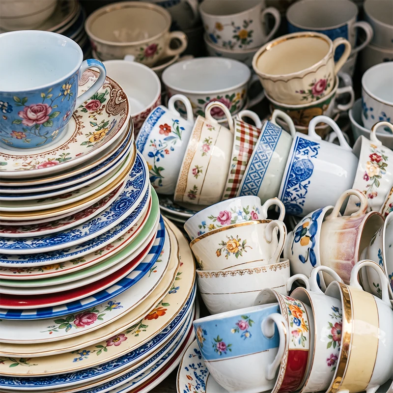 Stapels tweedehands kopjes en schotels