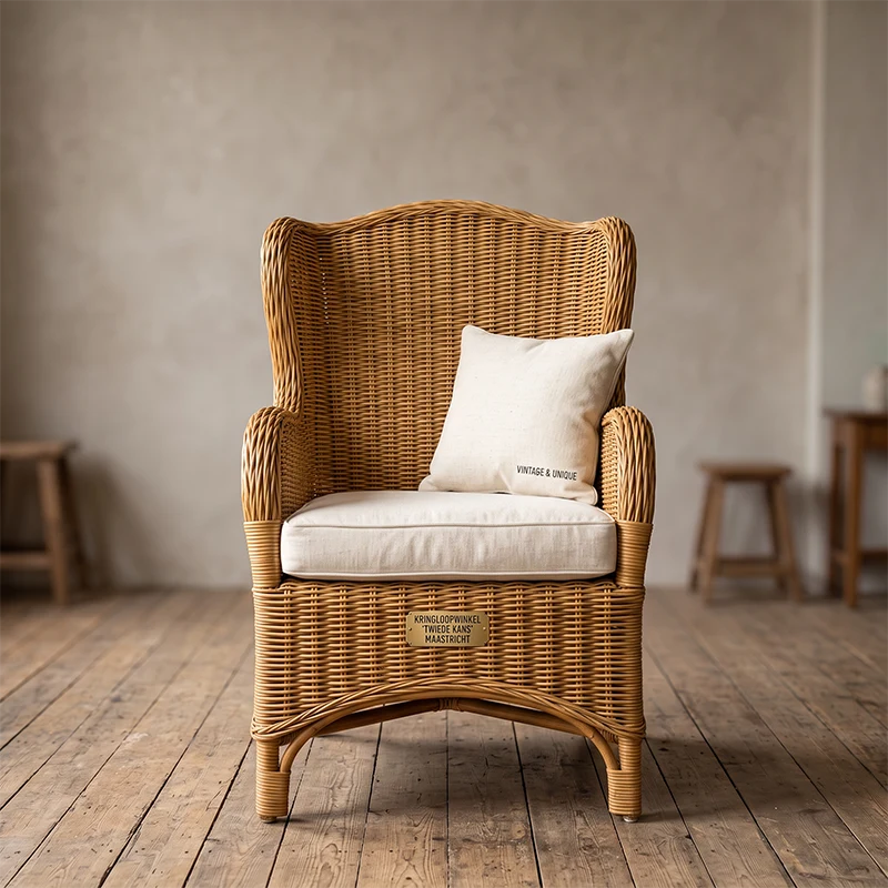 Rieten fauteuil met houten armleuningen