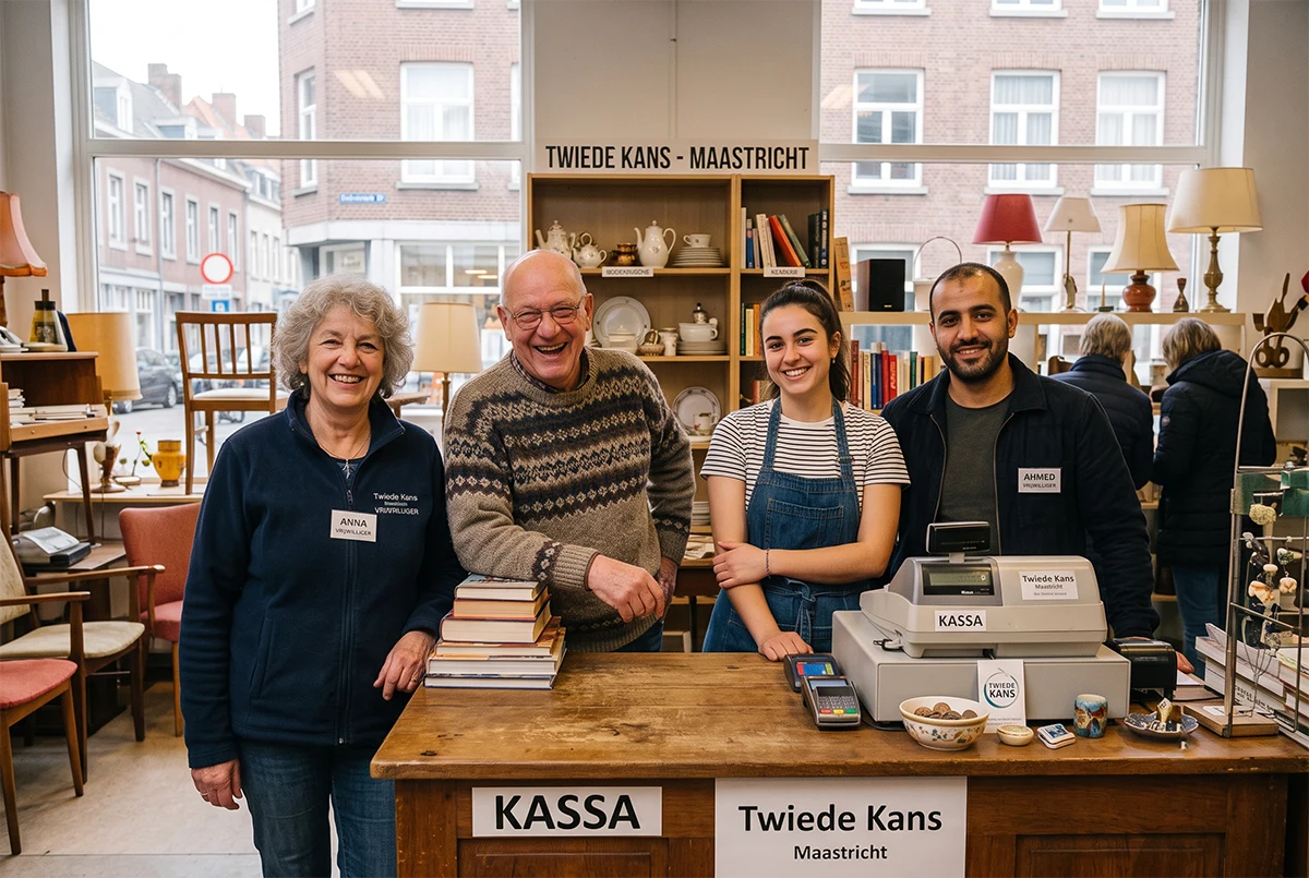 Vrijwilligers achter de balie van de kringloopwinkel