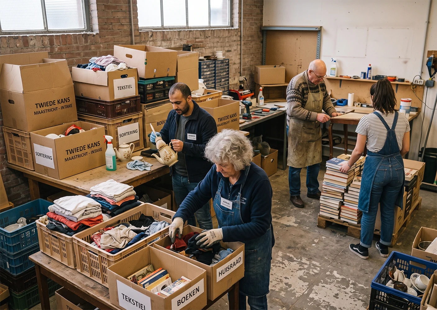 Vrijwilligers sorteren binnengebrachte spullen in de werkplaats