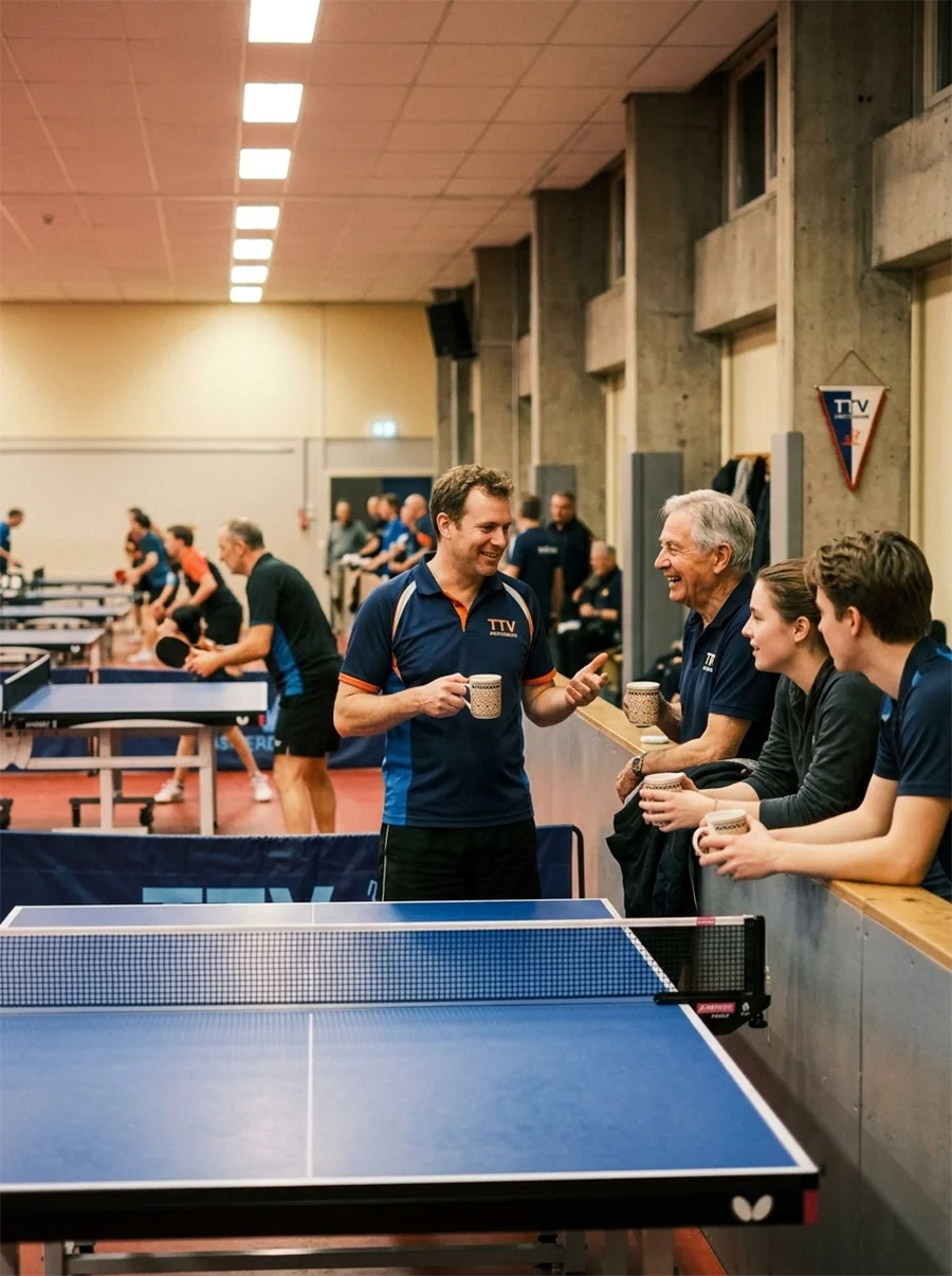 Leden met een kop koffie langs de tafel tijdens de clubavond